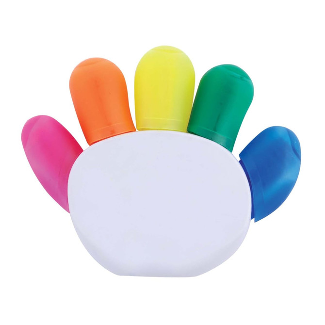 A hand-shaped set of five highlighters in pink, orange, yellow, green, and blue, featuring a white base.