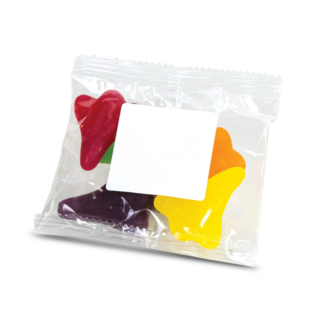 A clear plastic bag containing assorted jelly lollies in various colours, shaped like jet planes.