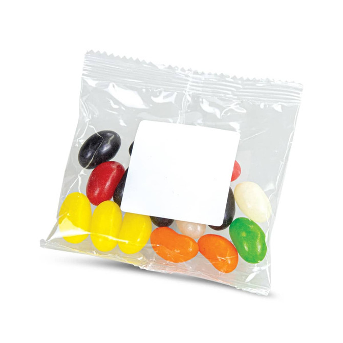 A clear bag filled with assorted jelly beans in various colours, including yellow, red, green, black, and white.