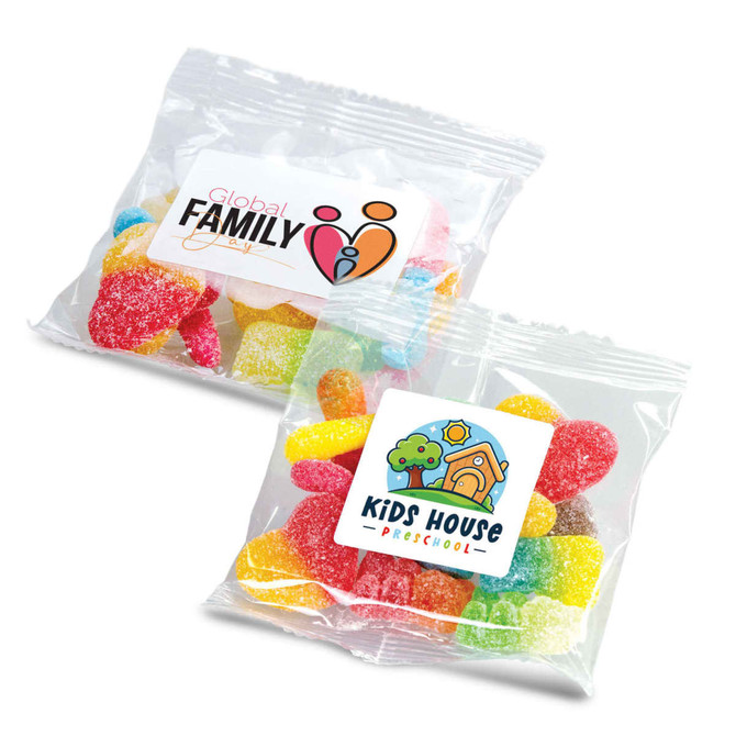 A transparent bag containing various colourful gummy candies, featuring two different logos on the packaging.