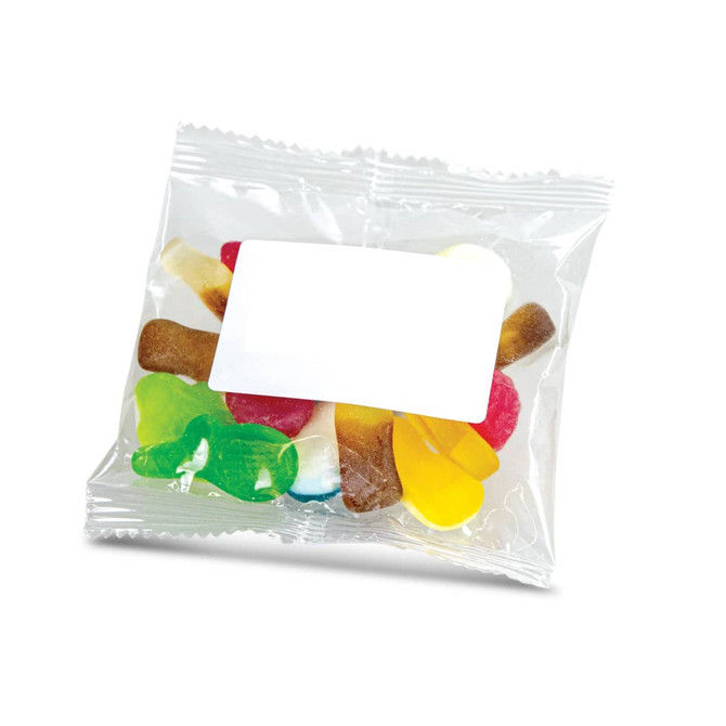 A clear plastic bag containing a variety of gummy candies in vibrant colours, including green, yellow, red, and brown.