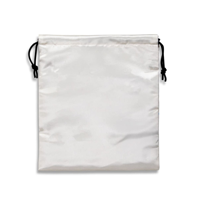 A medium satin gift bag in a shiny white finish with black drawstrings. Features a branding logo.