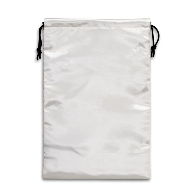A large satin gift bag in white, featuring a drawstring closure and black toggles.