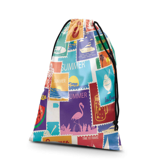 A large satin gift bag featuring a colourful collage of travel-themed designs and a drawstring closure.