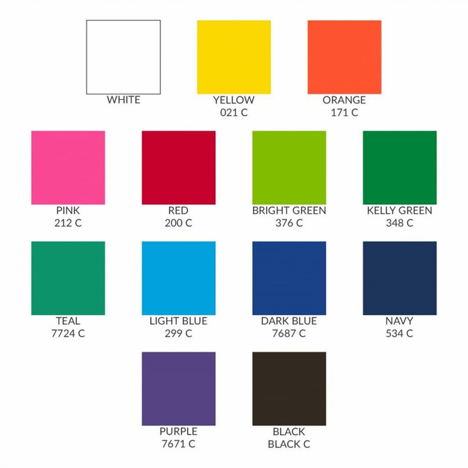 A colour chart featuring white, yellow, orange, pink, red, bright green, kelly green, teal, light blue, dark blue, navy, purple, and black swatches.