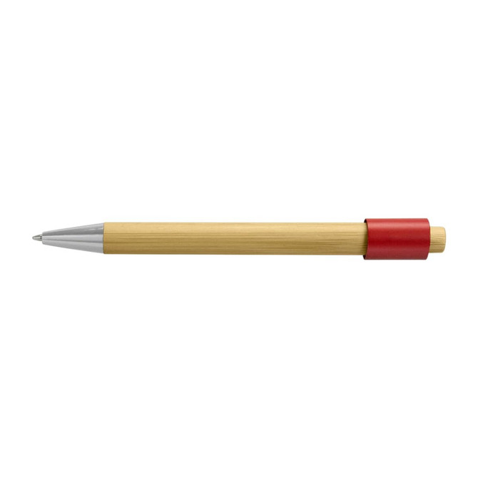 A bamboo spinner pen with a silver tip and a red accent, showcasing a natural wood finish.