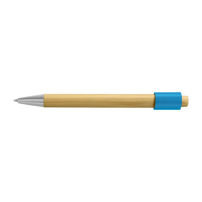 A bamboo spinner pen with a silver tip and a turquoise grip. It features a logo.