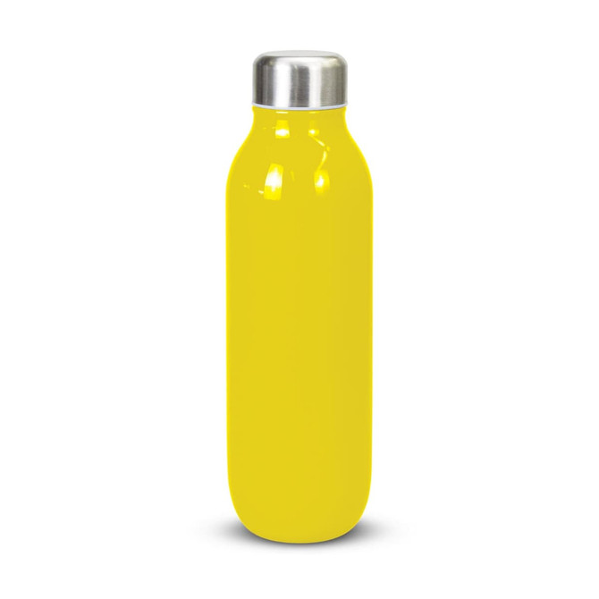 A drink bottle in bright yellow with a stainless steel cap and a smooth, shiny finish.