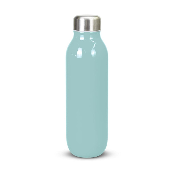 A drink bottle in a light blue colour with a stainless steel cap and a sleek, rounded design.