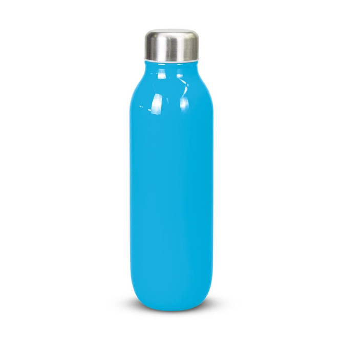 A drink bottle in bright blue with a stainless steel cap and a sleek, smooth design. It features a logo.