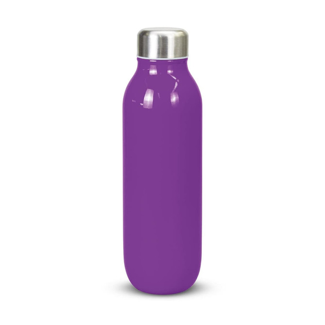 A drink bottle in a vibrant purple hue with a stainless steel cap and a smooth finish. It features a logo.