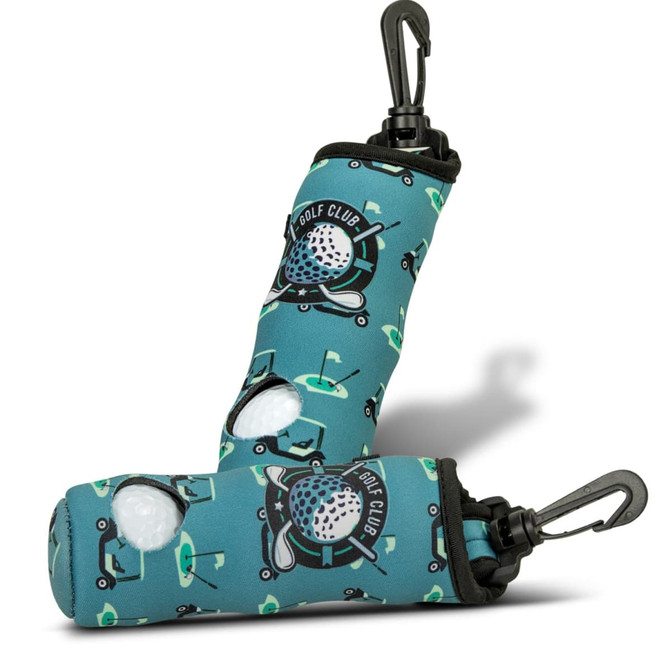 A teal golf ball holder with a golf club design, featuring clip attachments and circular openings for the balls.