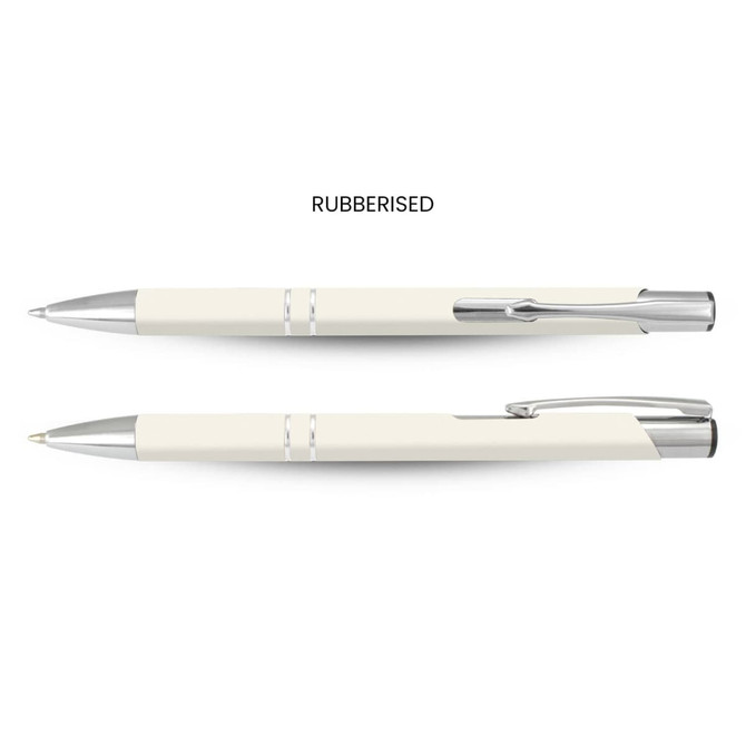 A white rubberised pen with silver accents and a clip, displayed from two angles.