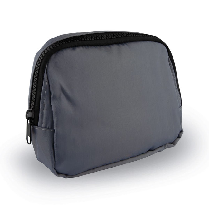 A grey Go-Mate Belt Bag with a zip closure and a small side pocket. It features a logo on the front.