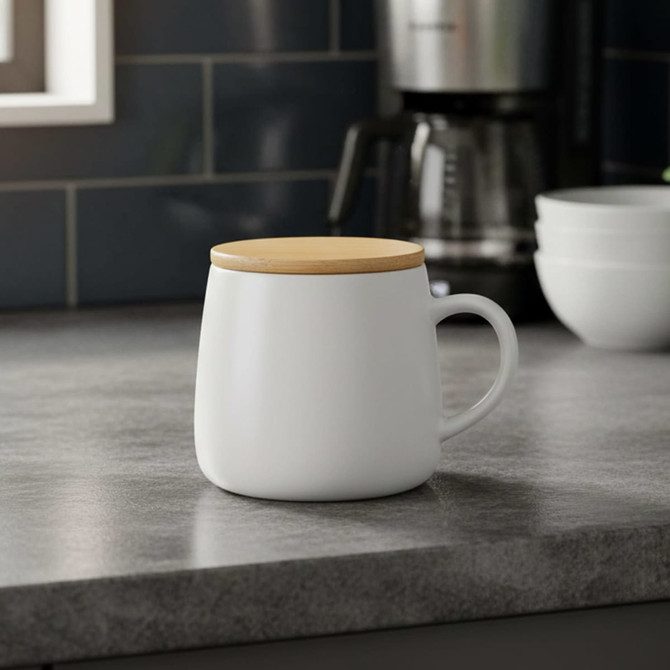A white coffee mug with a wooden lid on a countertop, featuring a sleek, modern design.