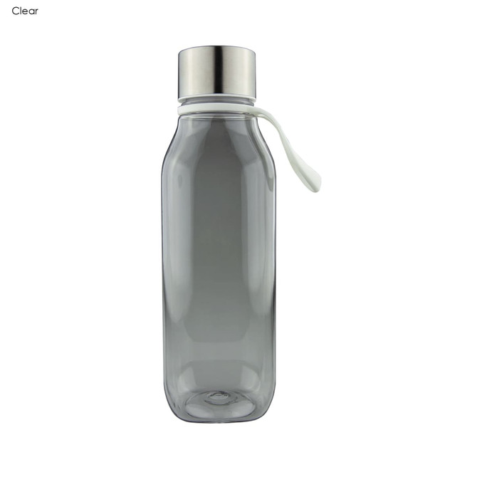 A drink bottle made of clear Tritan with a silver lid and a white carry strap.