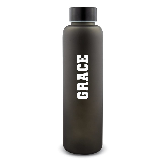 A drink bottle in matte black with a black lid and a white logo.