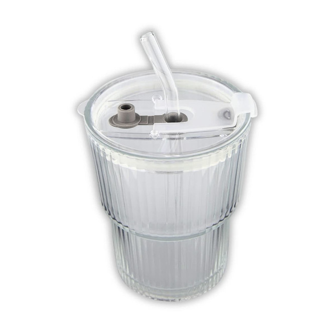 A clear glass ice coffee cup with a ribbed design features a grey drinking straw and lid.