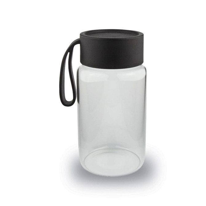 A drink bottle with a clear glass body and a black lid, featuring a flexible handle.