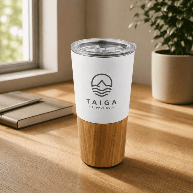 A travel mug with a white top, wooden base, and a logo, set on a wooden table near a plant.