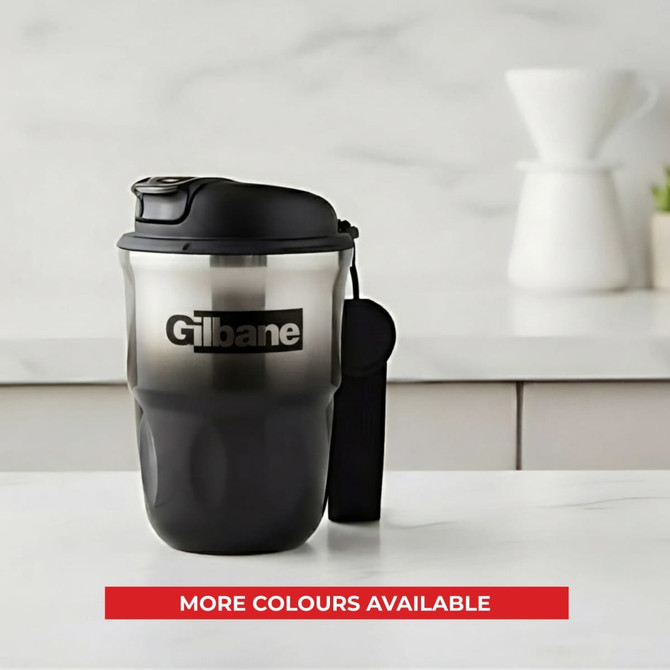 A double wall coffee mug in black with a handle, featuring a logo, on a countertop. More colours available.