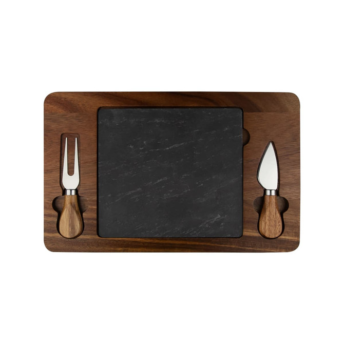 A wooden cheeseboard with a square slate surface, featuring two cheese knives with wooden handles.