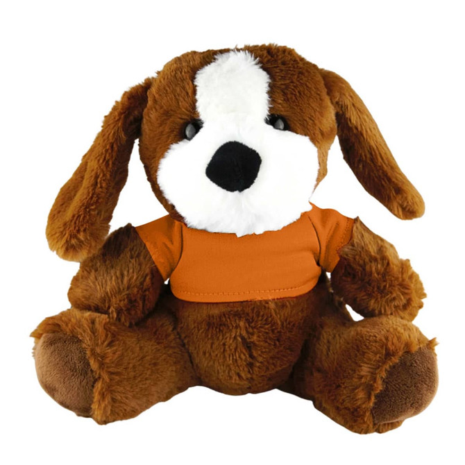 A brown plush dog with soft fur, wearing an orange shirt, sitting upright. The toy has a cute face and floppy ears.