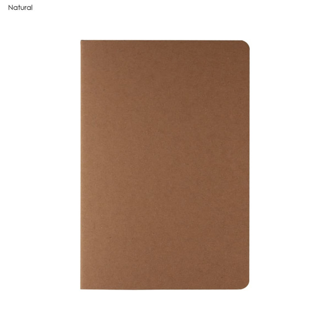 A brown notebook with a natural finish featuring rounded corners and a simple design. It has a logo on the cover.