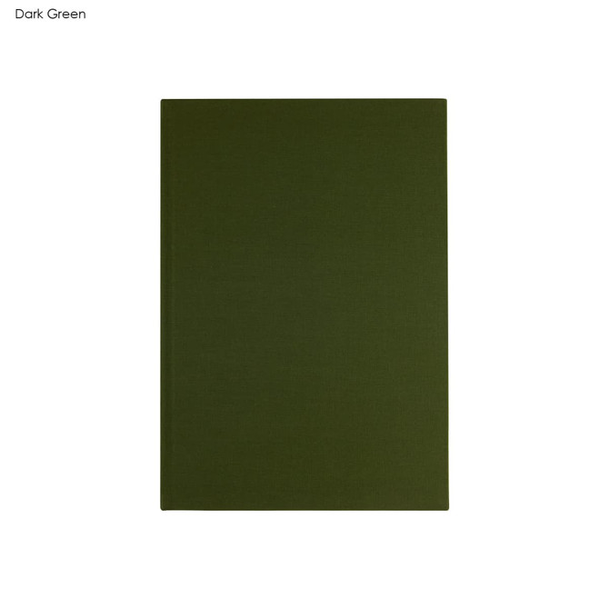 A dark green notebook with a textured cover, featuring a minimalist design and a logo on the front.