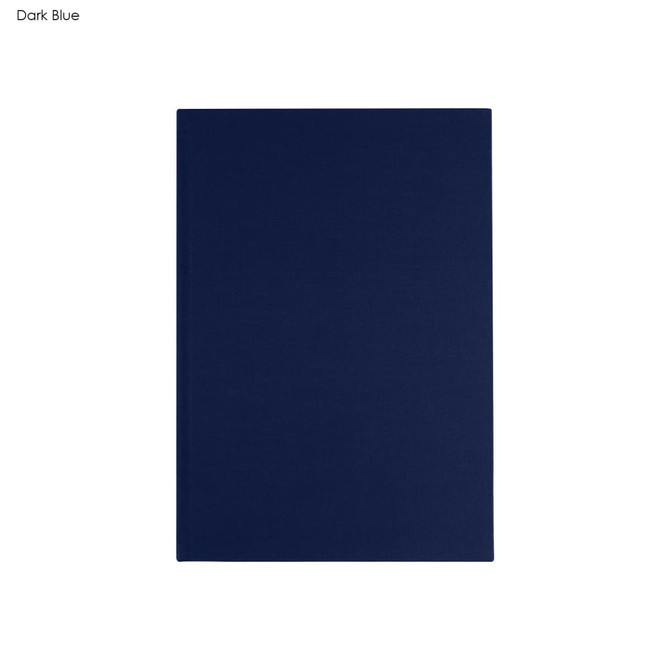 A dark blue B5 notebook with a smooth cover, featuring a logo on the front.