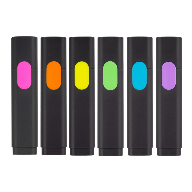 Six highlighters in black casings, featuring bright colours: pink, orange, yellow, green, blue, and purple. Each has a logo.