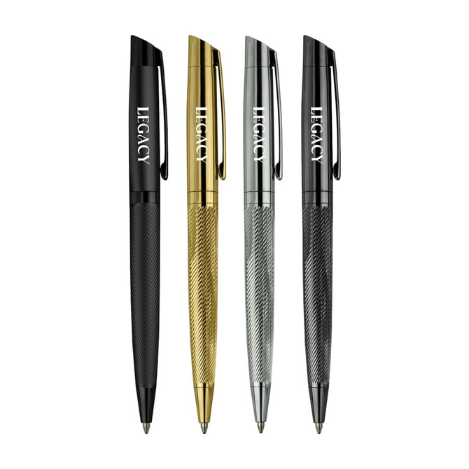 A collection of four metal pens in gold, silver, black, and charcoal, each featuring a branding logo.