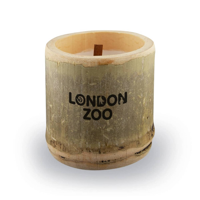 A bamboo candle with a wooden wick, featuring a natural finish and a logo on the front.