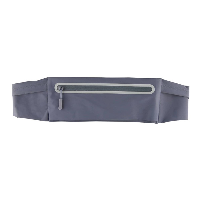 A grey sports running belt bag with a front zippered pocket and an adjustable waistband. It features a logo.