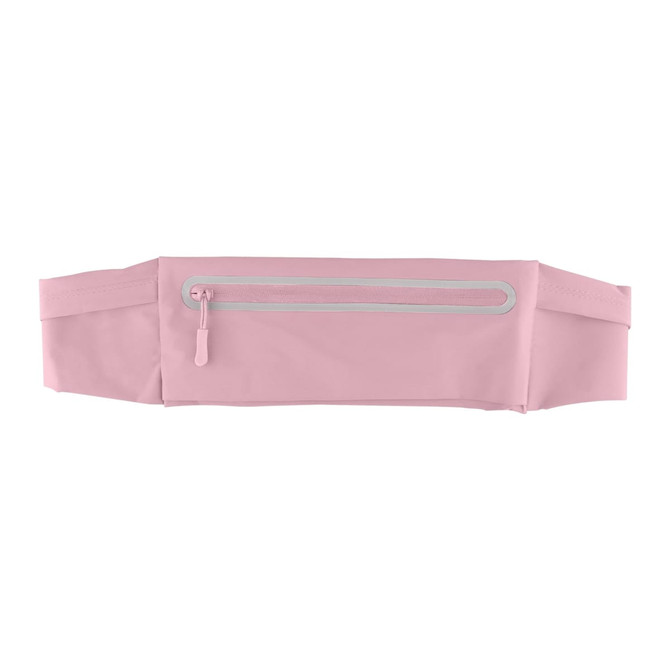 A pink sports running belt bag with a zippered pocket and an elastic strap. Features a logo on the front.