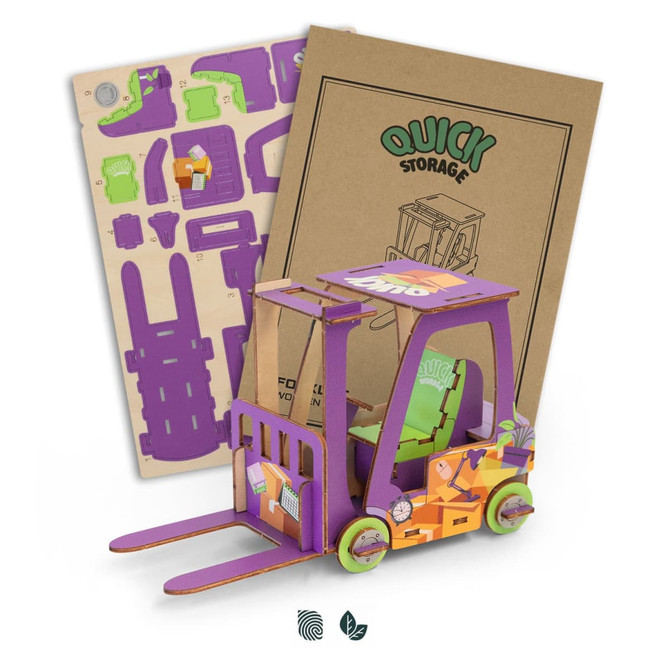 A wooden model forklift in vibrant purple and orange, accompanied by a cardboard assembly guide and parts.