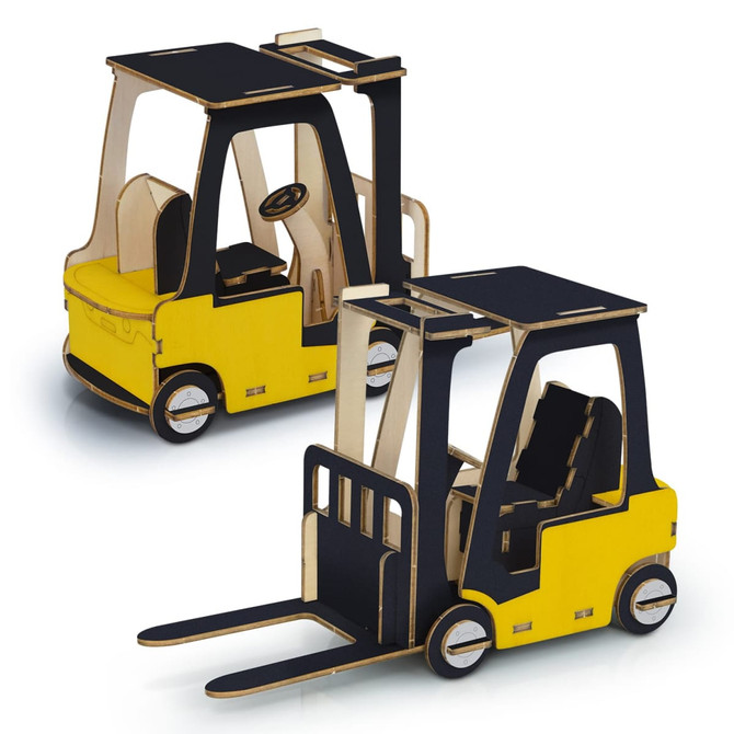 A wooden model of a forklift in yellow and natural wood, featuring detailed design elements and wheels.