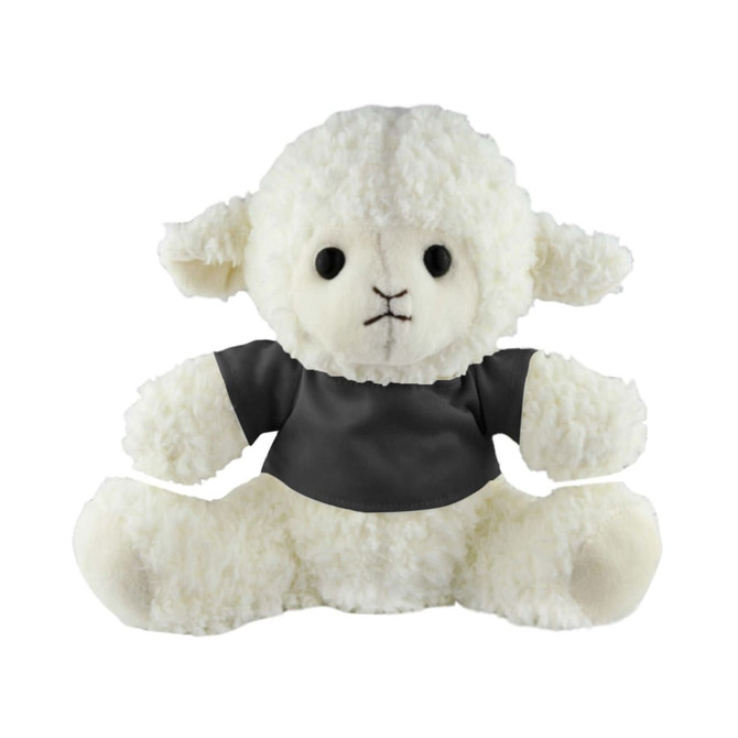 A plush sheep with white fur and a grey shirt, featuring a stitched face and black button eyes.