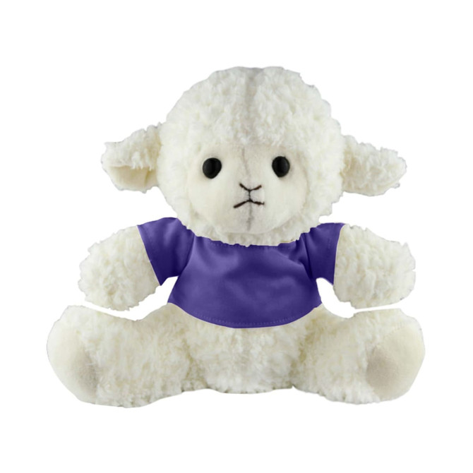 A fluffy white sheep plush toy wearing a purple shirt, featuring black button-like eyes and a stitched face.