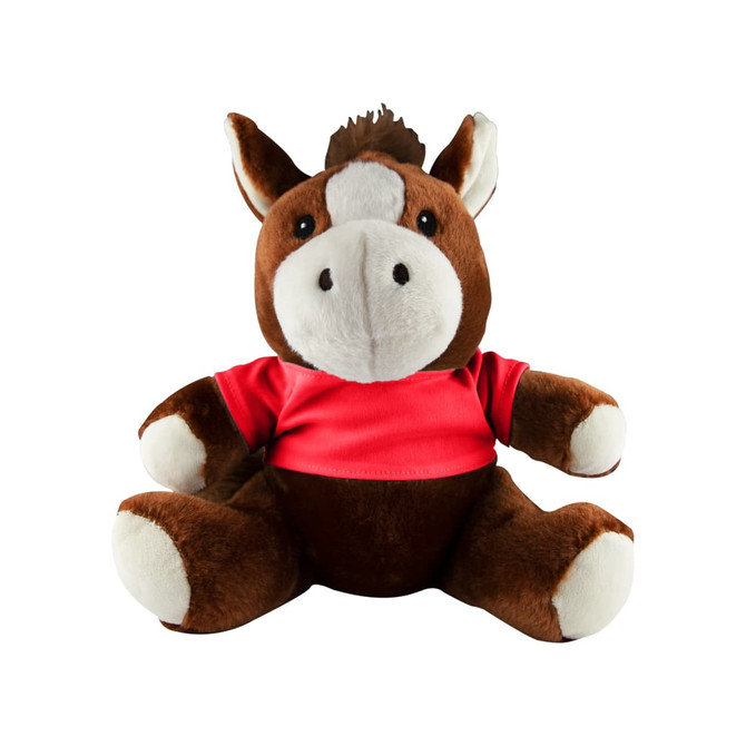 A brown horse plush toy with a red shirt, featuring a cute face and a tuft of hair on its head.