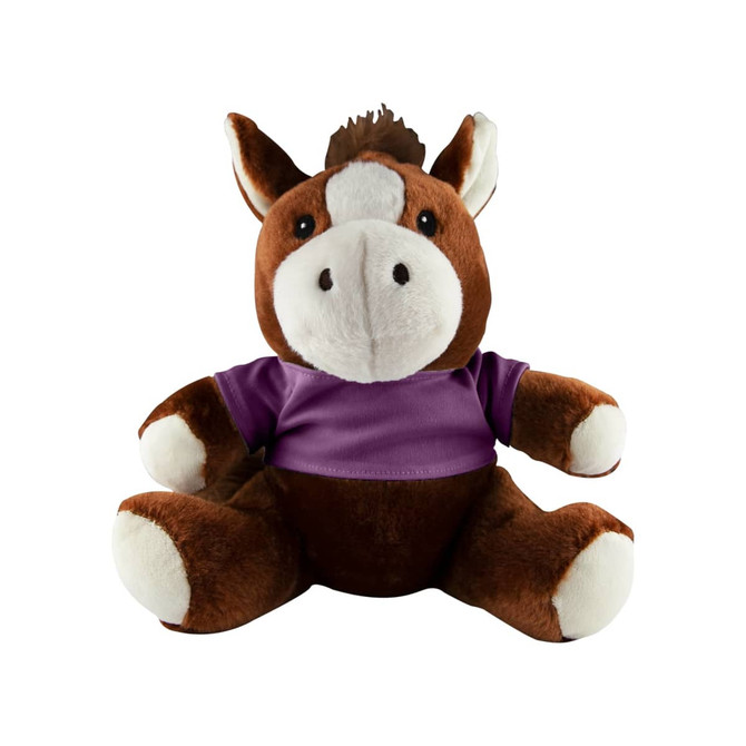 A brown plush horse with a purple shirt, featuring a soft, round face and large hooves. It has a playful expression.