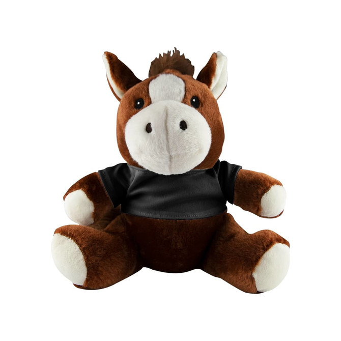 A brown and cream plush horse with a black shirt, featuring a friendly face and a soft texture.