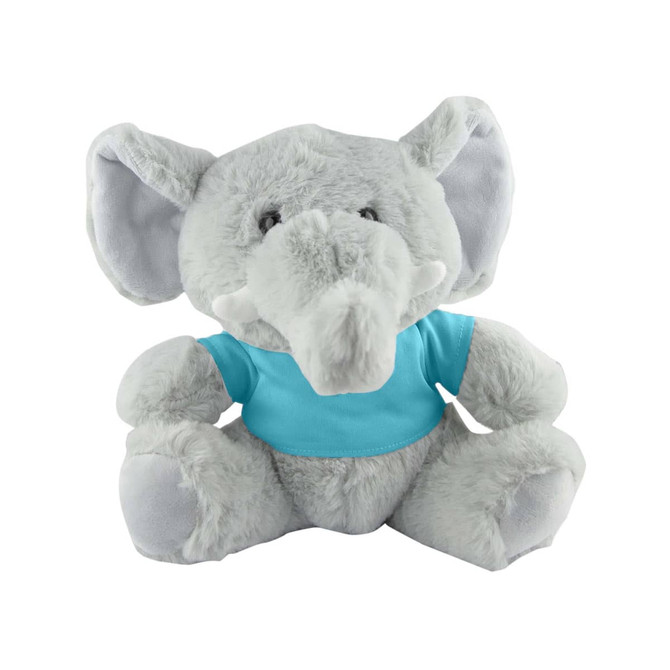 A grey plush elephant wearing a light blue shirt, seated with its arms outstretched, featuring large ears and tusks.