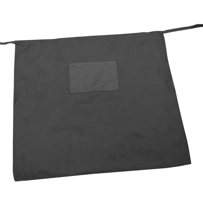 A dark grey long waist apron with a plain patch pocket and ties on either side.
