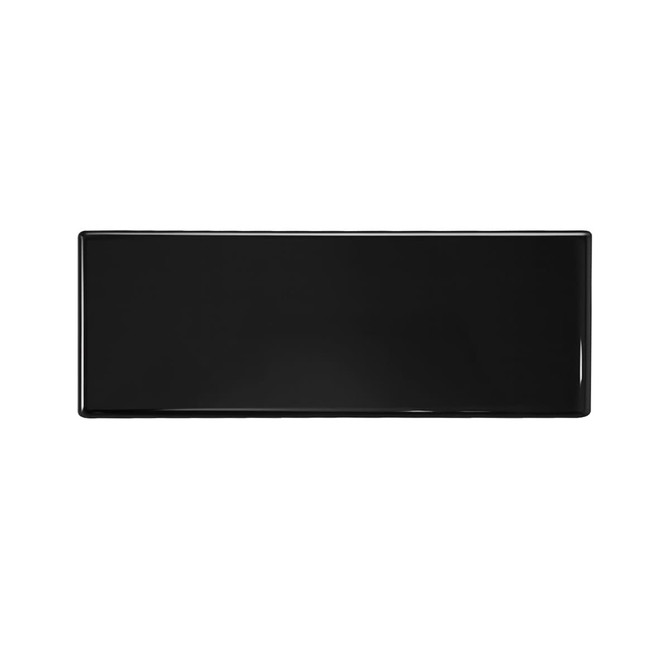 A sleek black speaker with a smooth surface and a branding logo on it.