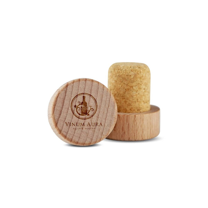 A wooden wine stopper with a cork top, showcasing a natural wood finish and a branded logo on the base.