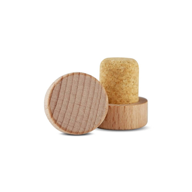 A wooden wine stopper in natural tones, featuring a cork top and a smooth wooden base, with a logo present.