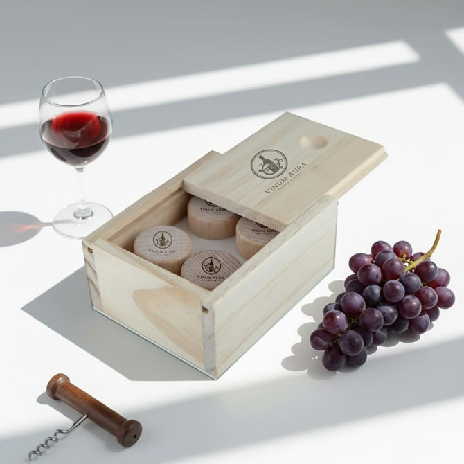 A wooden box containing wine stoppers, with a glass of red wine and a bunch of purple grapes nearby.