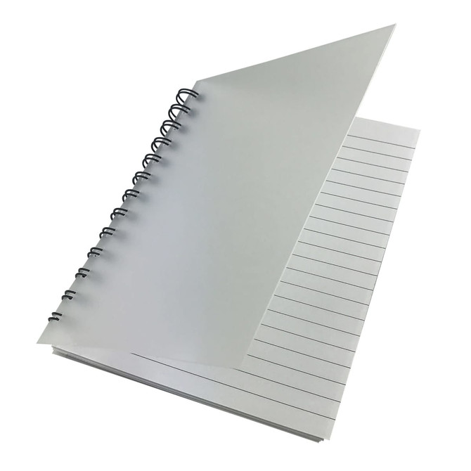 A spiral-bound notebook with a grey cover and lined pages, showcasing a clean, minimalistic design.