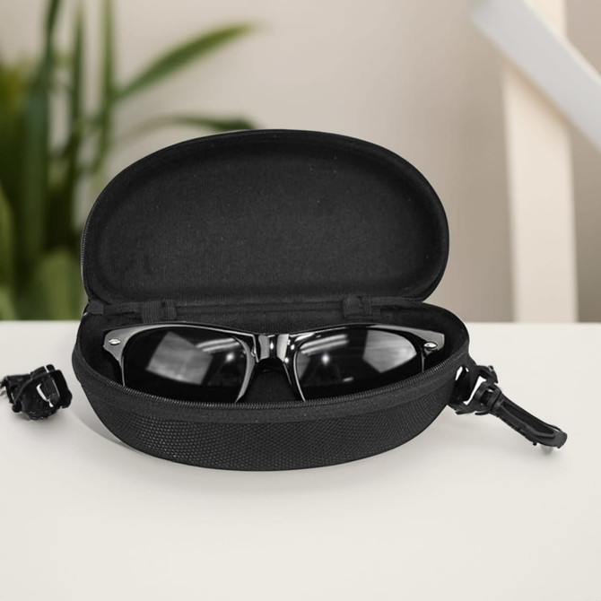A black glasses case displaying sunglasses inside, featuring a zipper and a textured exterior.